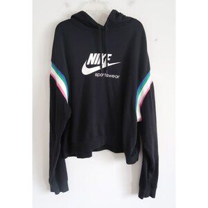Nike Sportswear Black Hoodie with Striped Sleeves - Size XL